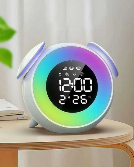 Colorful Rechargeable LED Alarm Clock with Sunrise-Sunset Simulation and Mirror Finish