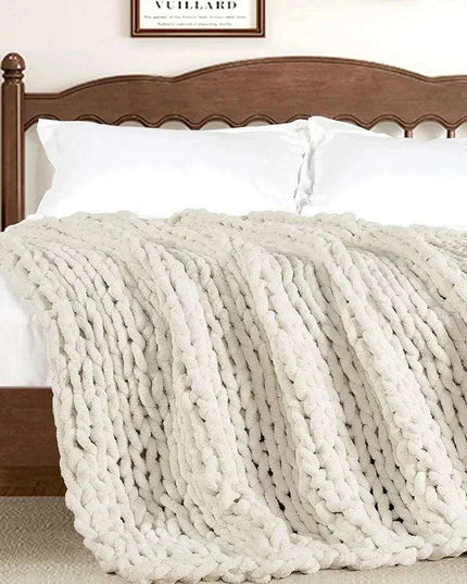 Chic Cream White Plaid Oversized Chunky Knit Throw Blanket - Autumn Comfort