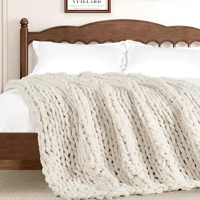 Chic Cream White Plaid Oversized Chunky Knit Throw Blanket - Autumn Comfort