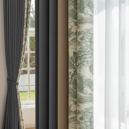 Jacquard Leaf Blackout & Sheer Curtains - Blue-Green Cotton Linen