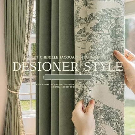 Jacquard Leaf Blackout & Sheer Curtains - Blue-Green Cotton Linen