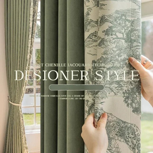 Jacquard Leaf Blackout & Sheer Curtains - Blue-Green Cotton Linen
