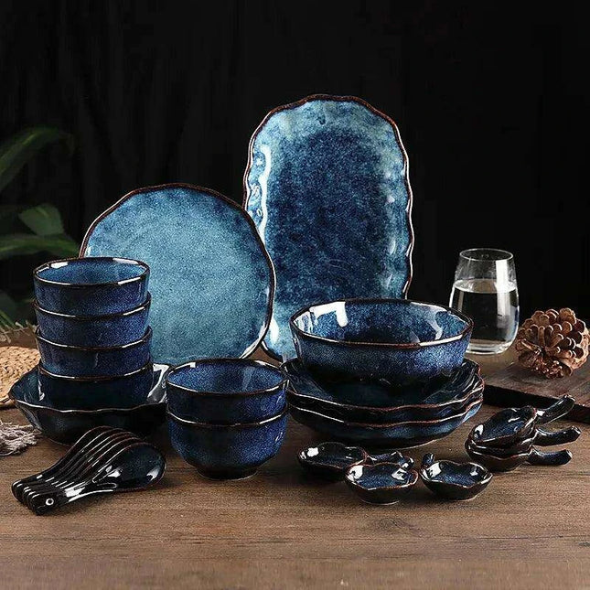 Elegant Nordic Blue Stoneware Dining Set - Safe for Microwave and Dishwasher