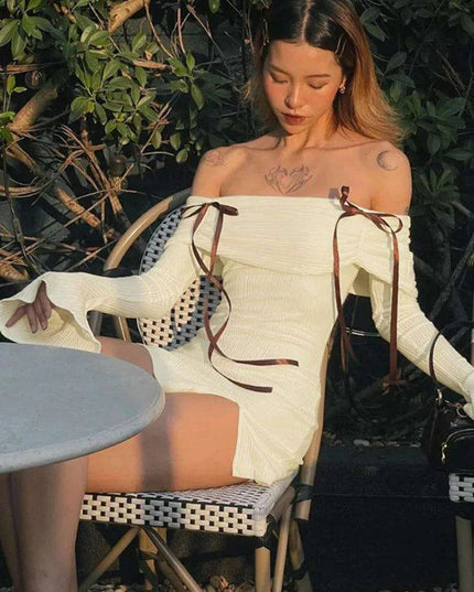 Seductive Off-Shoulder Ribbed Bodycon Mini Dress with Elegant Flare Sleeves and Chic Backless Design