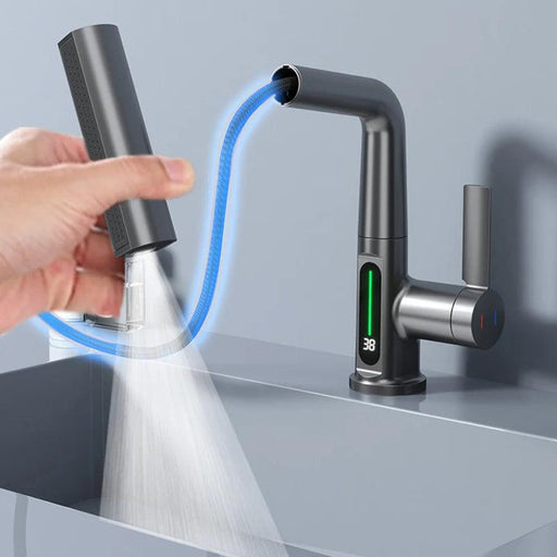 Waterfall Temperature Digital Display Basin Faucet with Lift Up/Down Stream Sprayer