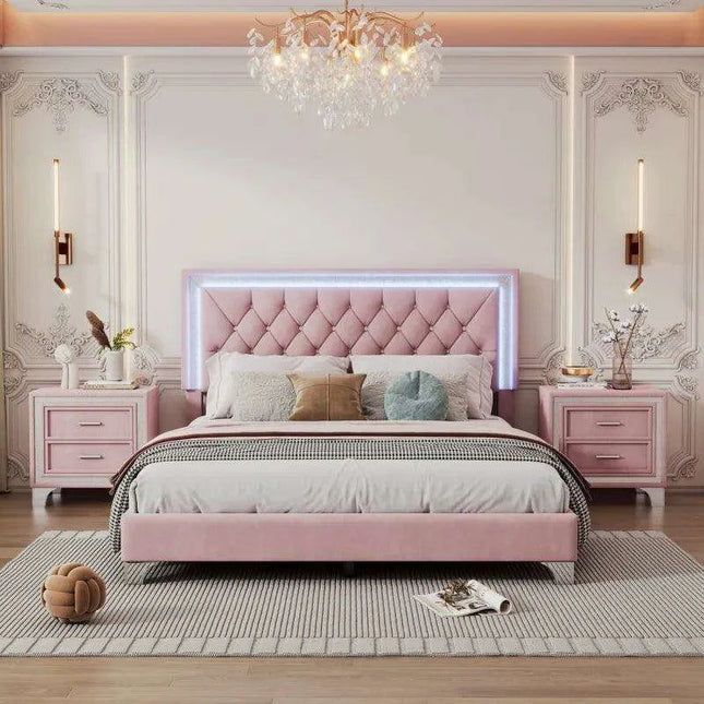 Illuminate Your Bedroom Oasis with Luxe LED Queen Bed Set and Chic Nightstands