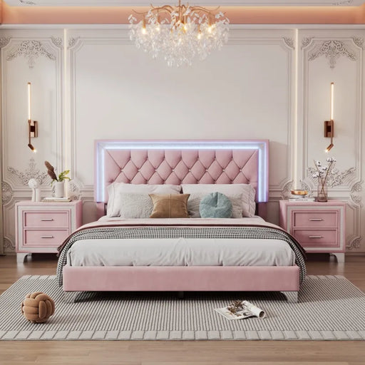 Queen Upholstered Bed Set with LED Lights and Nightstands