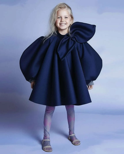Charming Boutique Princess Dress for Girls with Elegant Bow and Puff Sleeves