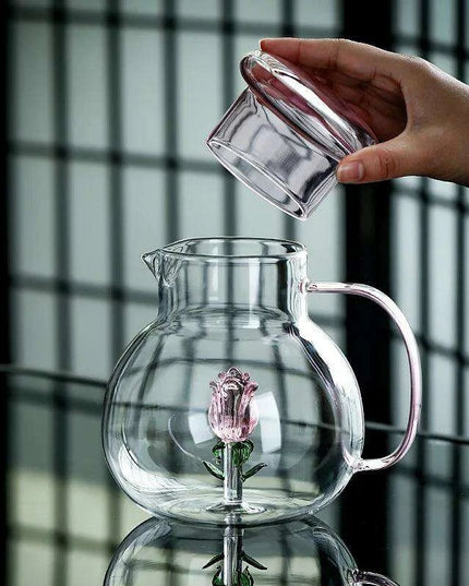 Elegant Rose Floral Glass Cold Brew Teapot - Stylish and Heat-Resistant Design with Ergonomic Handle for Entertaining