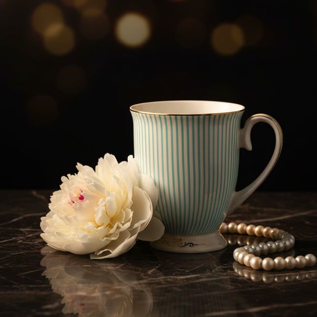 Bone China Tea Cup with Gold Accents — Blue Stripe Porcelain