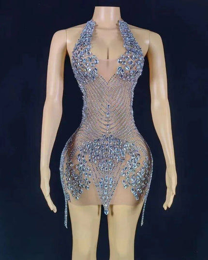 Glamorous Pink Sheer Mini Dress with Rhinestone Accents - Ideal for Stunning Events