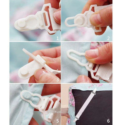 Adjustable 4-Pack White Bed Sheet Grippers - Elastic Clips for Secure Mattress Covers and Blankets