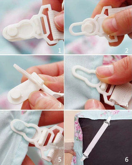 Adjustable 4-Pack White Bed Sheet Grippers - Elastic Clips for Secure Mattress Covers and Blankets