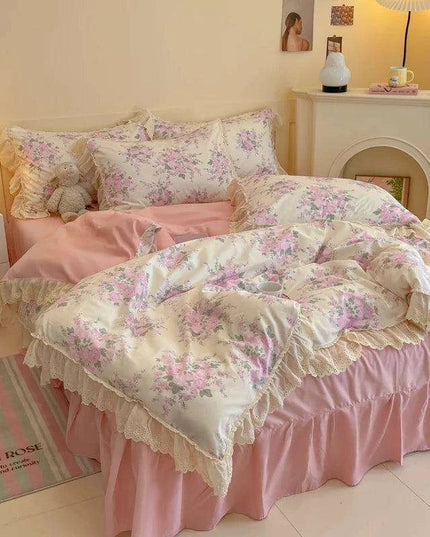 Korean Princess Floral Lace Ruffle Cotton Bedding Collection - Luxurious Single/Queen Duvet Cover, Sheet, and Pillowcase Set (3/4 Pieces)