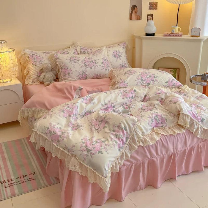 Korean Princess Floral Lace Ruffle Cotton Bedding Collection - Luxurious Single/Queen Duvet Cover, Sheet, and Pillowcase Set (3/4 Pieces)