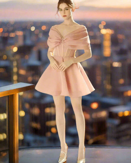 Elegant Pearl-Accented A-Line Mini Dress with Sheer Gauze Details - Women's 2024 Summer Celebration Attire