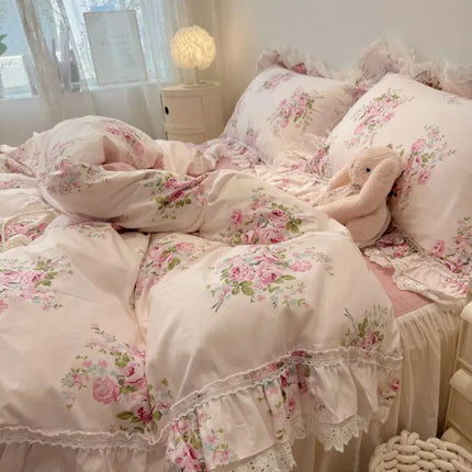 Vintage Floral Cotton Bedding Set - 100% Cotton Ruffle Edge Duvet Cover Set