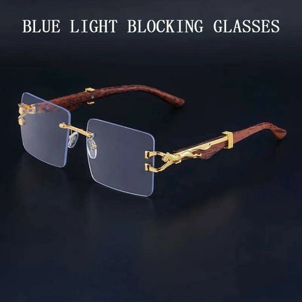 Retro Rimless Sunglasses with Wood Finish and UV Protection