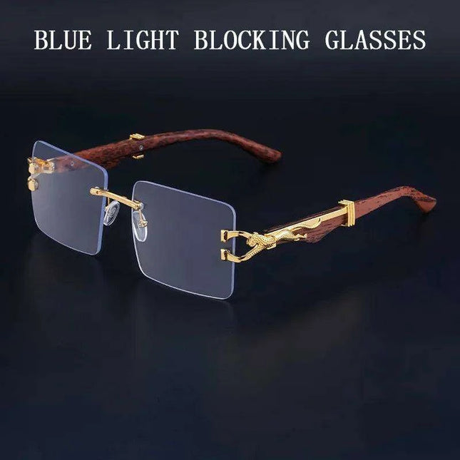 Retro Rimless Sunglasses with Wood Finish and UV Protection