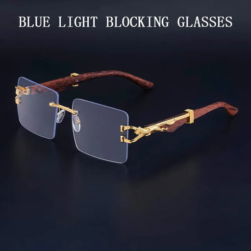 Retro Wood Grain Square Rimless Sunglasses with UV Protection