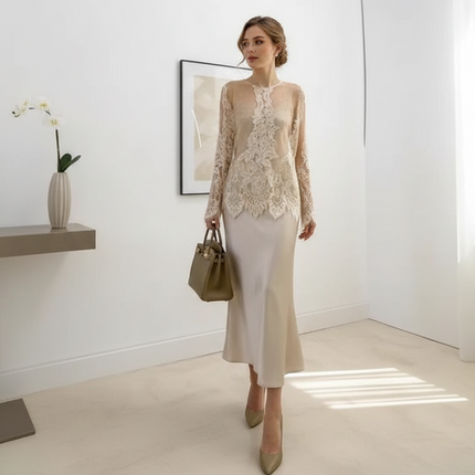 Elegant Long Sleeve Lace Top – Hollow-Out, Round Neck, Apricot