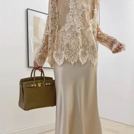 Elegant Long Sleeve Lace Top – Hollow-Out, Round Neck, Apricot