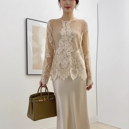 Elegant Long Sleeve Lace Top – Hollow-Out, Round Neck, Apricot