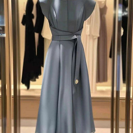 Chic A-Line Midi Dress with Lace Up Detail and Flying Sleeves for Women - Summer Office Wear F618