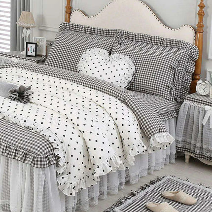 Polka Dot Cotton Luxurious 4-Piece Set with Ruffled Duvet Cover and Coordinated Bed Skirt