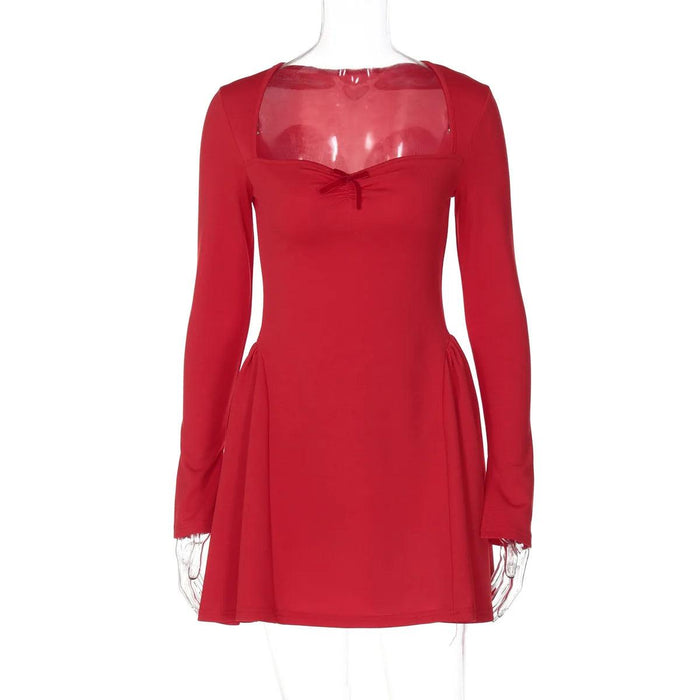 Chic Bow-Detail Long Sleeve A-line Bodycon Dress for Women - Autumn Evening Style