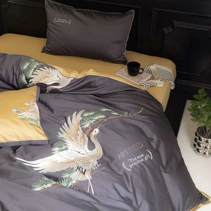 Exquisite Pine Crane Embroidered Luxury Egyptian Cotton Bedding Set with Duvet Cover and Sheets