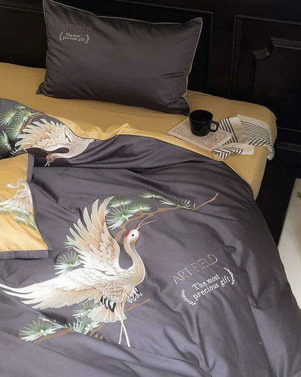 Exquisite Pine Crane Embroidered Luxury Egyptian Cotton Bedding Set with Duvet Cover and Sheets