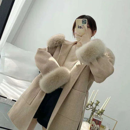 Elegant Women's Wool Blend Winter Coat with Fox Fur Trim and Cashmere Lining