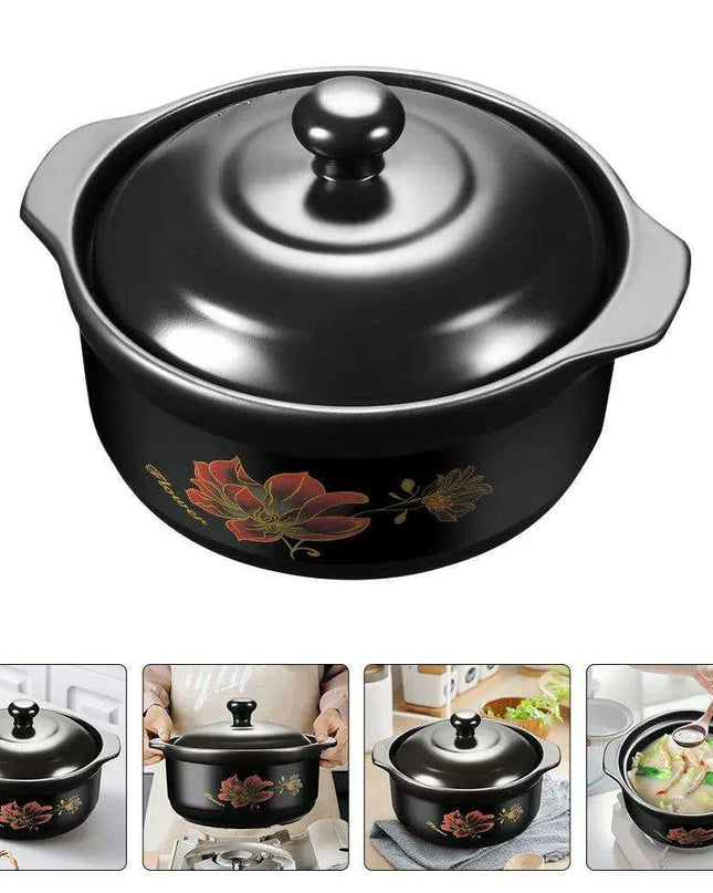 Premium Black Ceramic Clay Casserole Pot with Non-Stick Coating - Perfect for Cooking Chicken, Soup, Rice and More