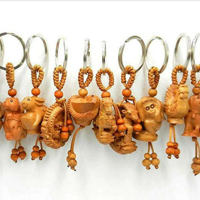 Sophisticated Wooden Keychain Set of the 12 Chinese Zodiac Signs