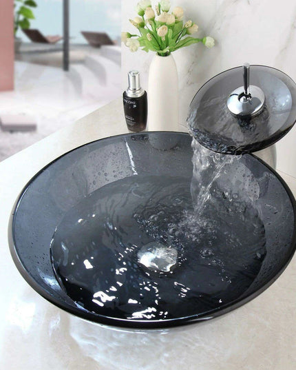 Artisan-Crafted Black Glass Vanity Basin Set with Chrome Waterfall Faucet