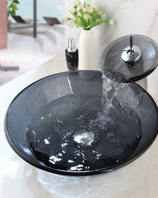 Artisan-Crafted Black Glass Vanity Basin Set with Chrome Waterfall Faucet