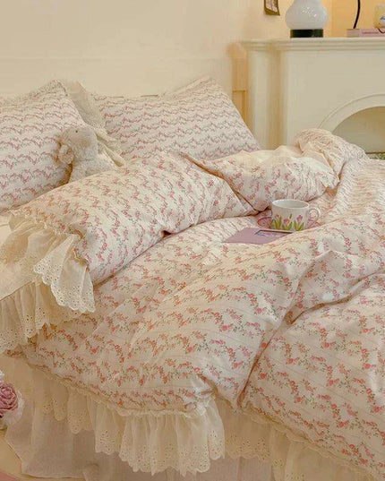 Korean Princess Floral Lace Ruffle Cotton Bedding Collection - Luxurious Single/Queen Duvet Cover, Sheet, and Pillowcase Set (3/4 Pieces)