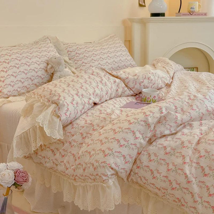 Korean Princess Floral Lace Ruffle Cotton Bedding Collection - Luxurious Single/Queen Duvet Cover, Sheet, and Pillowcase Set (3/4 Pieces)
