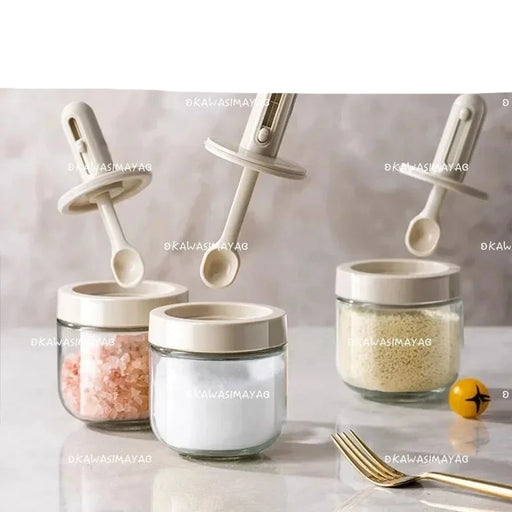Gourmet Spice Jar Set with Spoon Lid and Air-Tight Storage Box