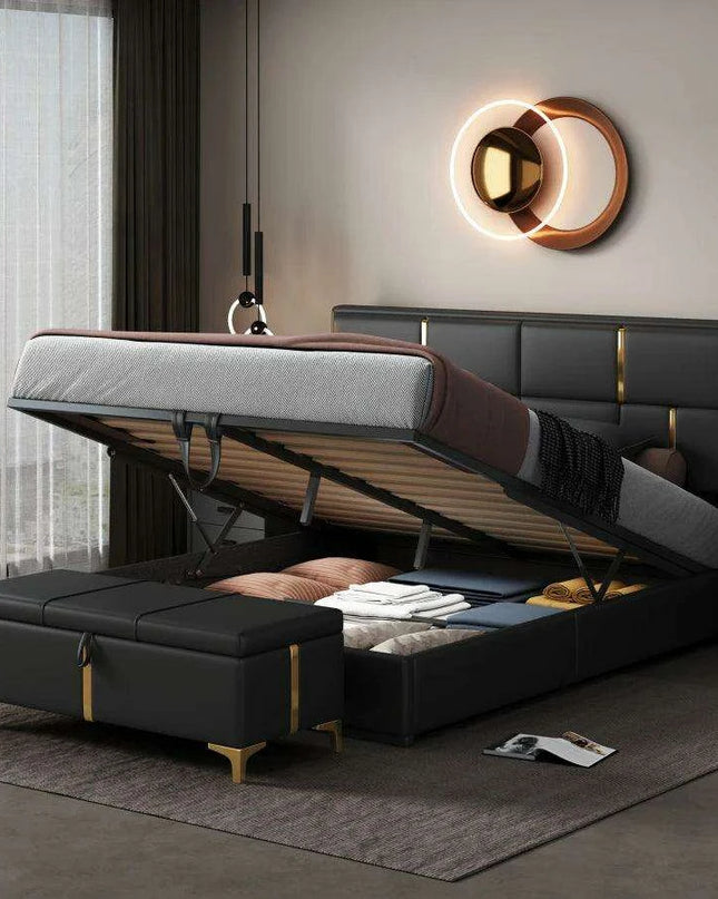 Regal Black & Gold LED Queen Bed Frame with Stylish Ottoman Storage