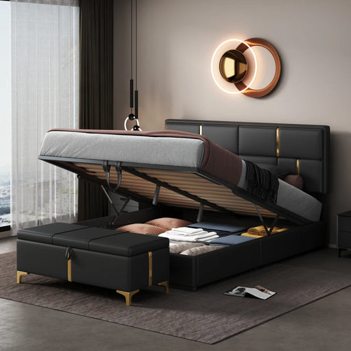 Elegant Queen Size LED Upholstered Bed Set of two with Storage Ottoman, Black & Gold