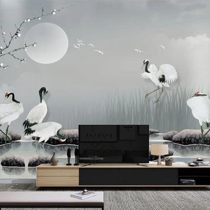 Plum Blossom & Crane Mural Wallpaper — Custom Size, 5 Finishes, Asian Art Style