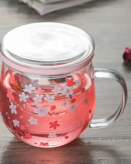 Sakura Blossom 300ml Heat-Resistant Glass Tea Mug Set with Infuser and Lid