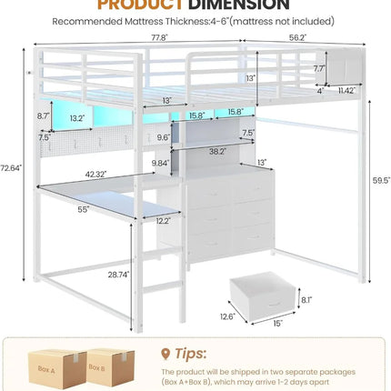 Full Loft Bed with L-Shaped Desk, Bookshelf & Charging Station, Metal Full Size with 6 Drawers, LED Lights, White full-loft-bed-with-l-shaped-desk-bookshelf-charging-station-metal-full-size-with-6-drawers-led-lights-white