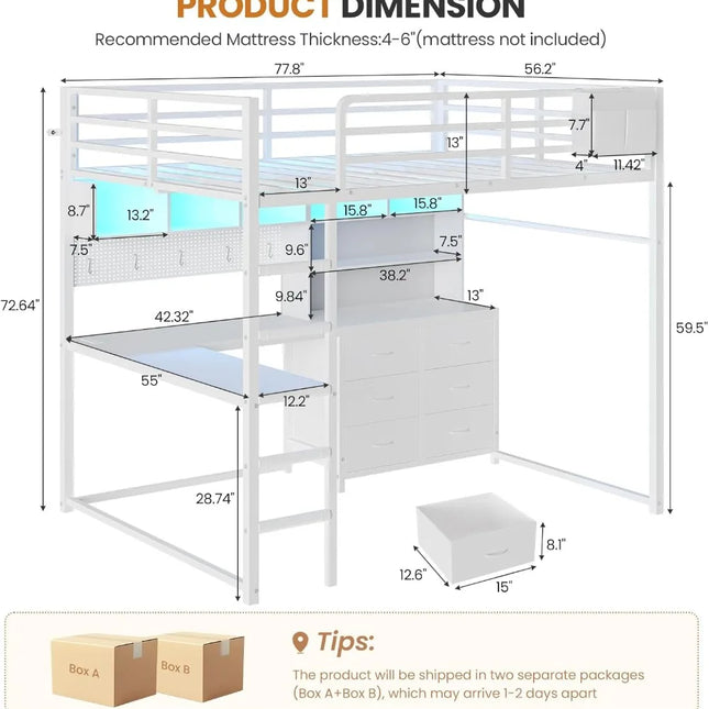 Shop1105673279 Full Loft Bed with Desk & LED Lights, White Metal
