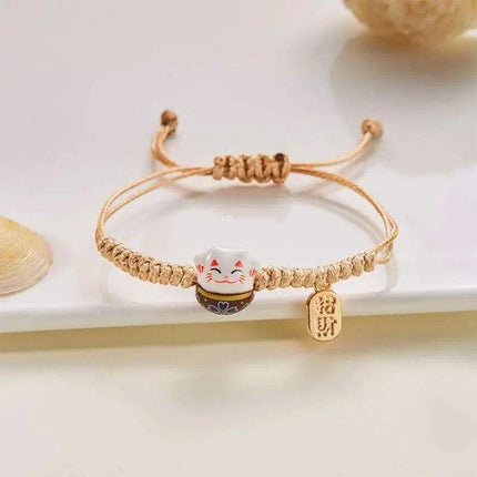 Whimsical Rainbow Braided Lucky Cat Bracelet - Adjustable Ceramic Good Fortune Jewelry