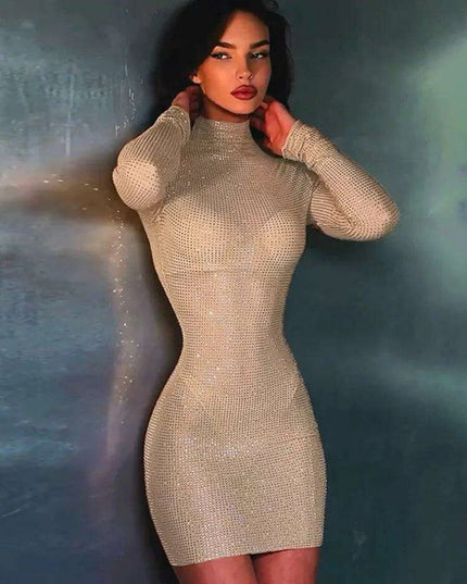 Glamorous Sequined Sheer Mesh Mini Dress with High Neck and Long Sleeves for Night Out