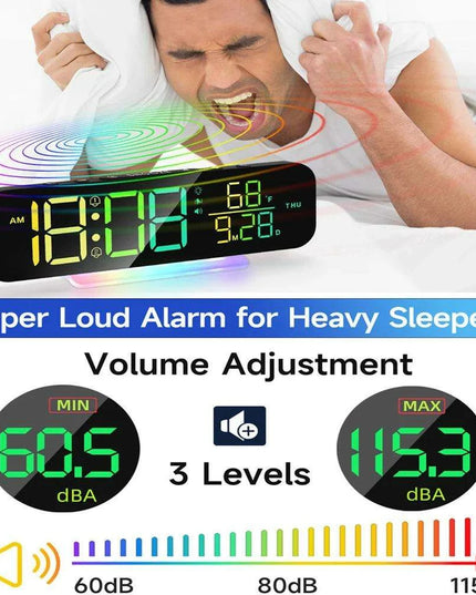 Dual Alarm Vibrating Clock with RGB LED Night Light and Bed Shaker - Loud Wake-Up Alarm