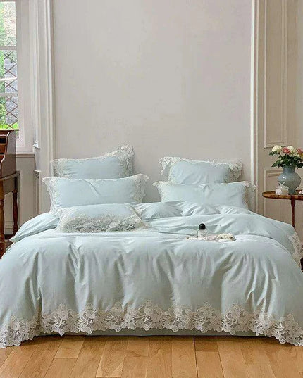 Chic Light Pink Lace Embroidered Royal Quilt Set - Luxurious Egyptian Cotton Duvet Cover with Matching Bed Sheet & Pillowcases in Korean Design